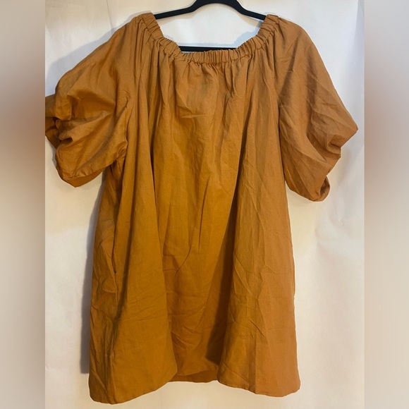 Beulah Style Nolan Camel Linen Mini Dress Lined Pockets Puff Sleeve Size Large - Picture 8 of 13